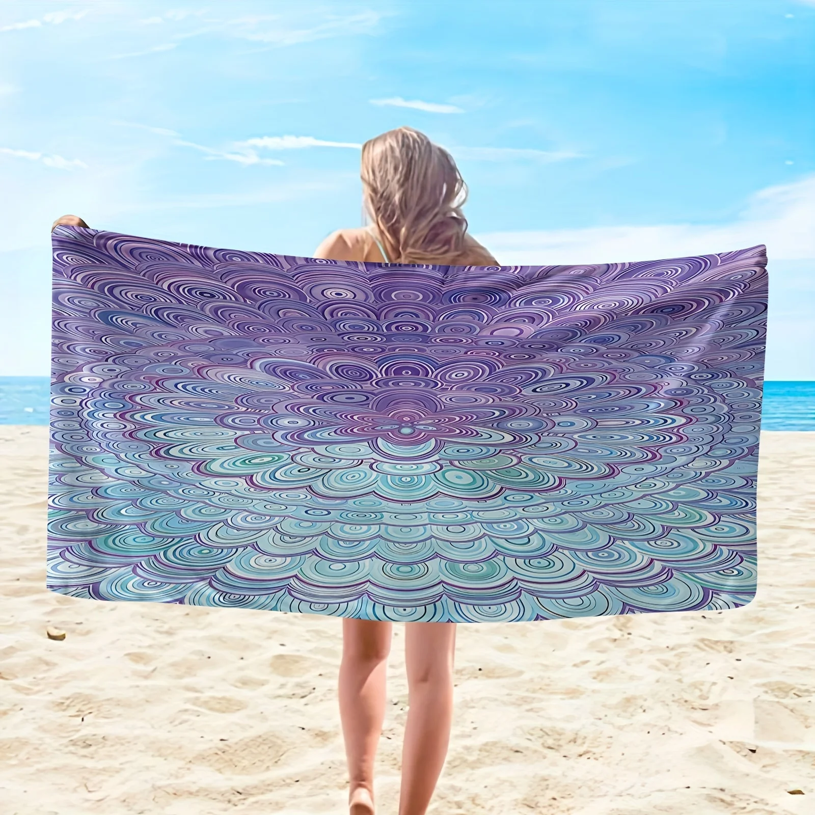 

Large Mandala Print Beach Towel- Absorbent Microfiber Quick-Dry, Turquoise Blue,Golden Bohemian Design, Suitable Swimming Pool