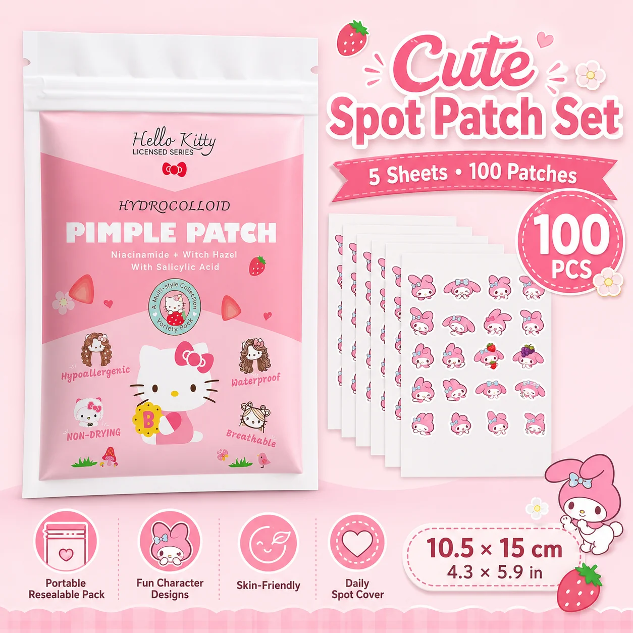 100PCS hello kitty Acne patches, facial acne patches, hydrogel acne removal patches, concealer