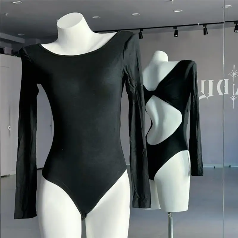 

Long Sleeve T-Shirt Women's Cross Back Knot Sexy Clavicle Show Slimming Base Shirt Sweet Style Low Waist Shorts Polyester