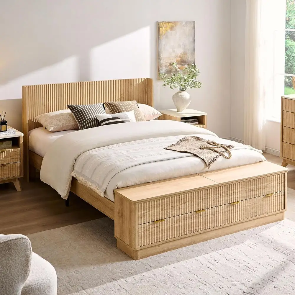 Cama Queen Size con Cabecero de Alerón, Banco de Almacenamiento, Cajones Integrados y Componentes Iluminados, Plataforma de Madera y Acero, No Requiere Somier