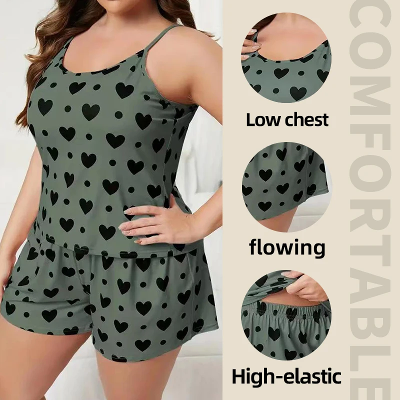 Plus-Size Women Pajamas Sleepwear Pajama Set Nightgowns Camisole Shorts Nightclothes Green XL 2XL 3XL Love Print Smooth Soft