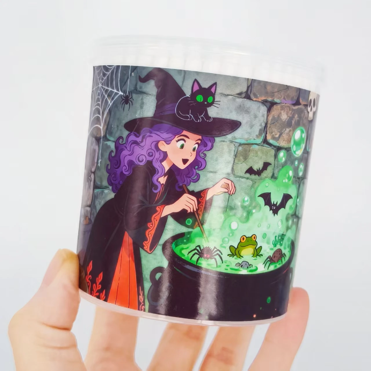 400개/600개 마녀 디자인 면봉 할로윈 테마 원통형 상자 휴일 선물 면봉