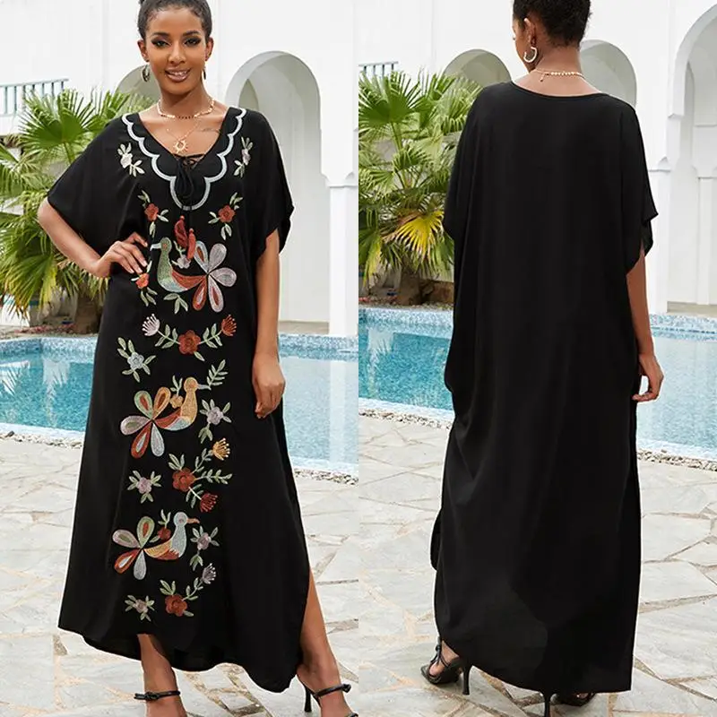 Black Vintage Embroidered Beach Dress Long Sarong Cardigan Bikini Cover-ups Wrap Dress Beach Wear Swim Suit Cover Up