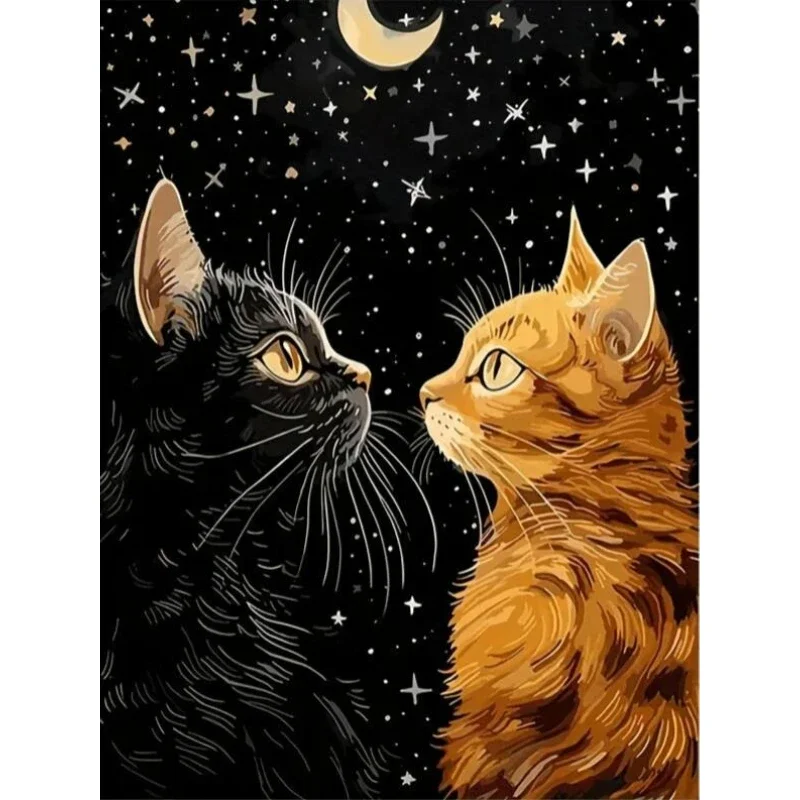 1pc frameless Canvas Painting Vibrant Black Cat and Orange Cat with Star Moon Poster Prints Animal Art Canvas Painting Wall Art