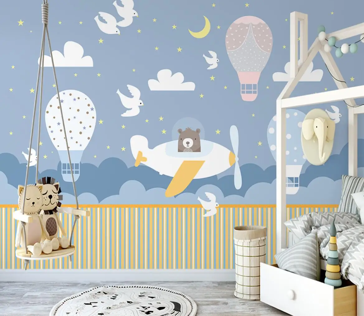 customized Large 3d Wallpaper Cartoon Hot air balloon cartoon animal Monkey giraffe Children's room Background Wall 3d wallpaper