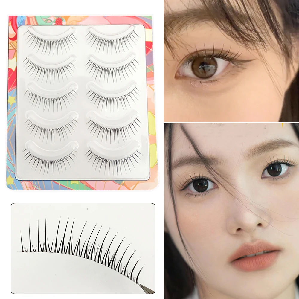 5 Pairs V-shaped Natural False Eyelashes Transparent Stem 3D Korean Manga Eyelashes Eye Makeup Eyelashes Supplies Wholesale