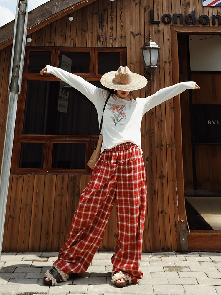 TIYIHAILEY pantalones largos de pierna ancha para mujer Otoño Invierno pantalones con bolsillos cintura elástica Casual a cuadros señoras 2025 moda rojo