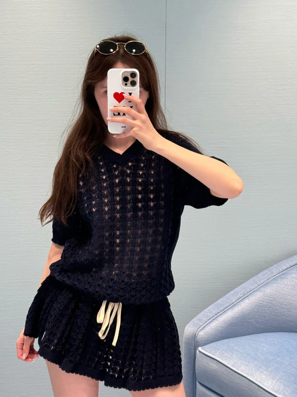 

Unique Knitted Hollow out Short Sleeve Women's T-Shirt Set Korean Style Casual Two Piece Set Skirt High Waist V-Neck Loose Fit