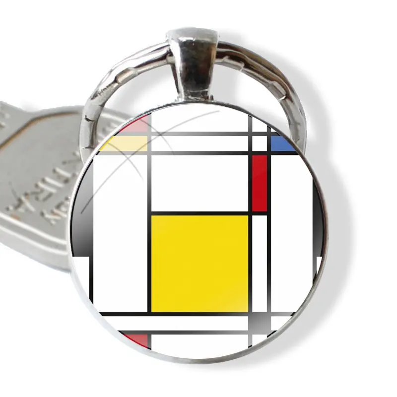 Keychain Glass Cabochon Metal Pendant Classic Men's Women's Keyring Mondrian grid