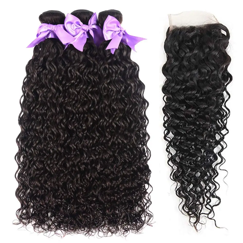 Malaysian Water Wave Bundles With Closure Wet and Wavy Curly Human Hair Bundles With Frontal Closure Remy Hair Weave Extensions