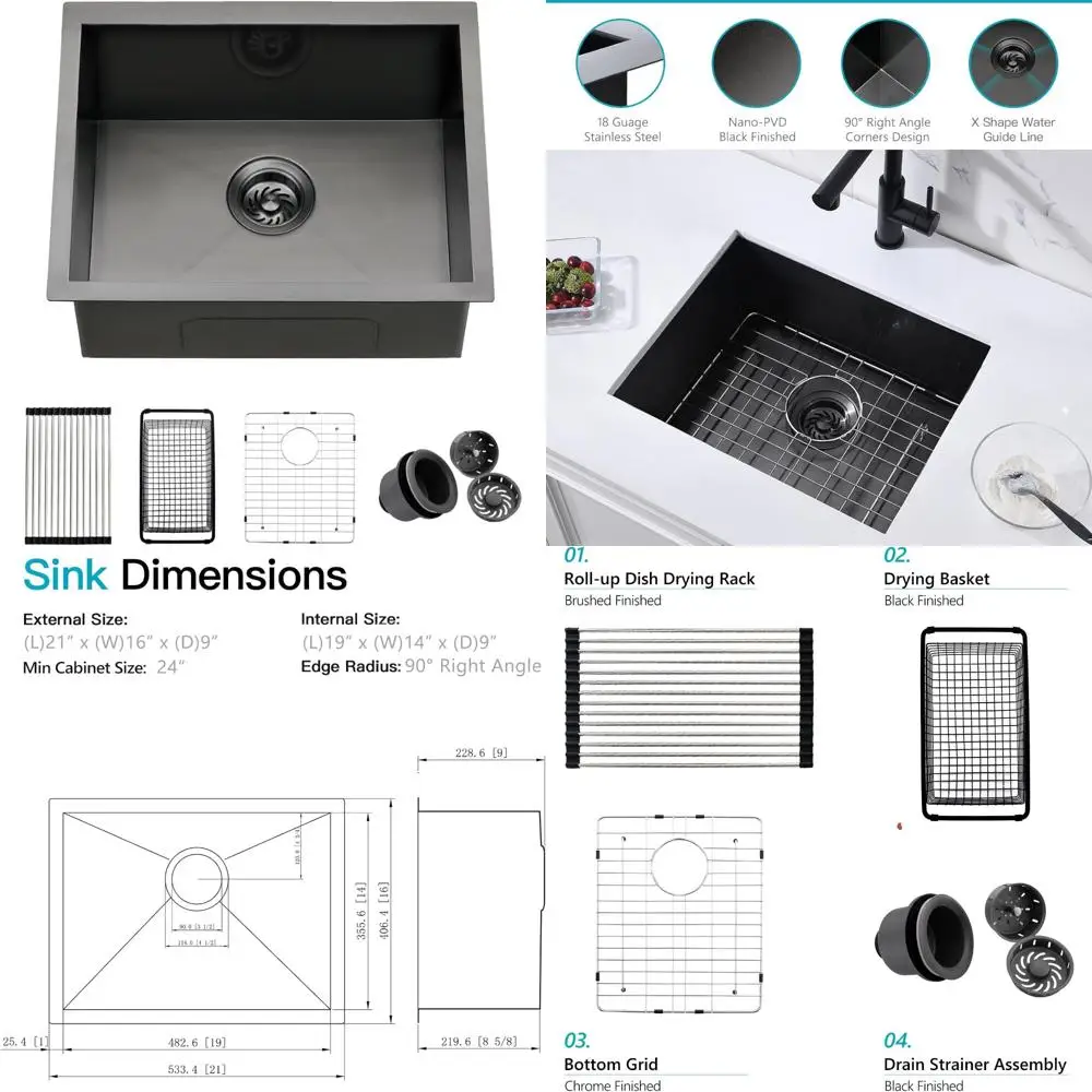 

Black 21 Undermount Bar Sink, 16x9 Inch 18 Gauge Stainless Steel Kitchen Sink for Bar Prep and Undermount Installation