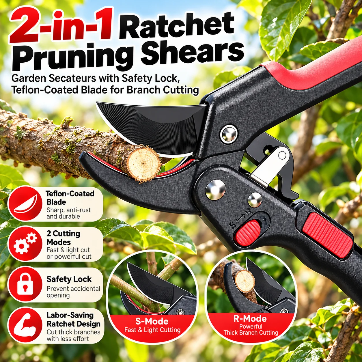2-in-1 Ratchet Pruning Shears Garden Secateurs with Safety Lock, Teflon-Coated Steel Blade for Branch Cutting