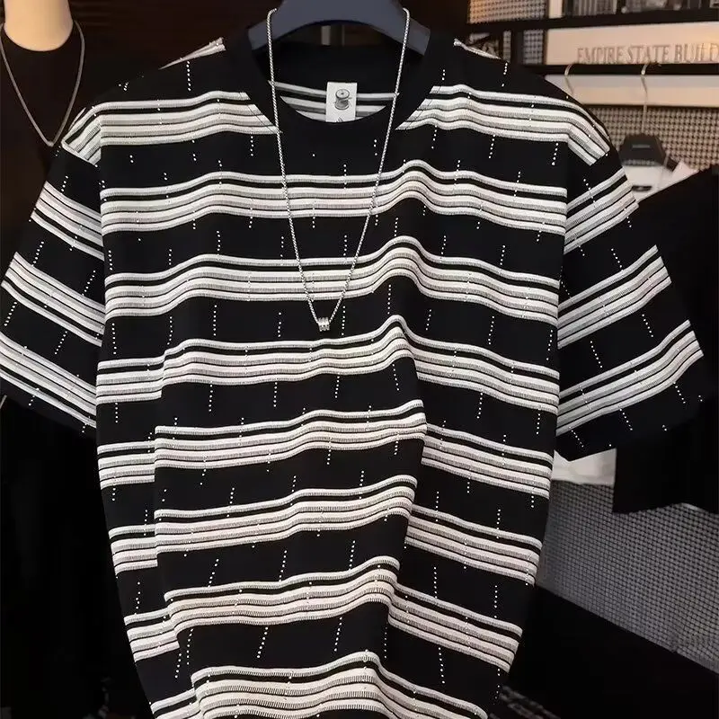 

Hip hop men and women summer trend personality striped round neck short sleeved couple loose retro breathable casual T-shirt top
