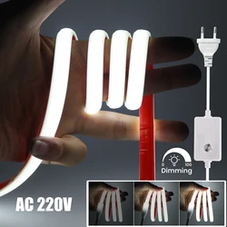 AC 220V COB Neon Strip EU UK Dimmerable Plug 3000K 4000K 6000K Waterproof Garden Home Decor Self Adhesive Ribbon Chain Light