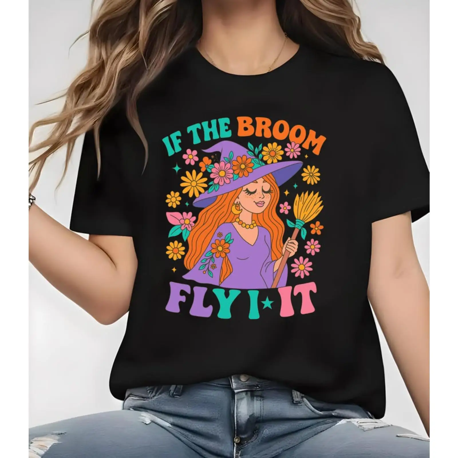 

Women's Witch T-shirt If The Broom Flies Graphic Tee Retro Halloween Tops Hippie Witch Gifts Spooky Season T-shirt