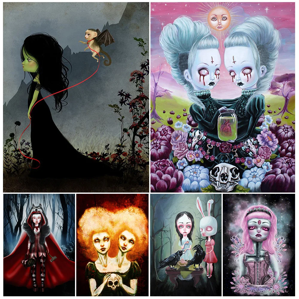 

Creepy Siamese Twins And Killing Little Girls,Abstract Wall Art Canvas Painting,Crow Tea Party Gothic Art Poster And Print Decor