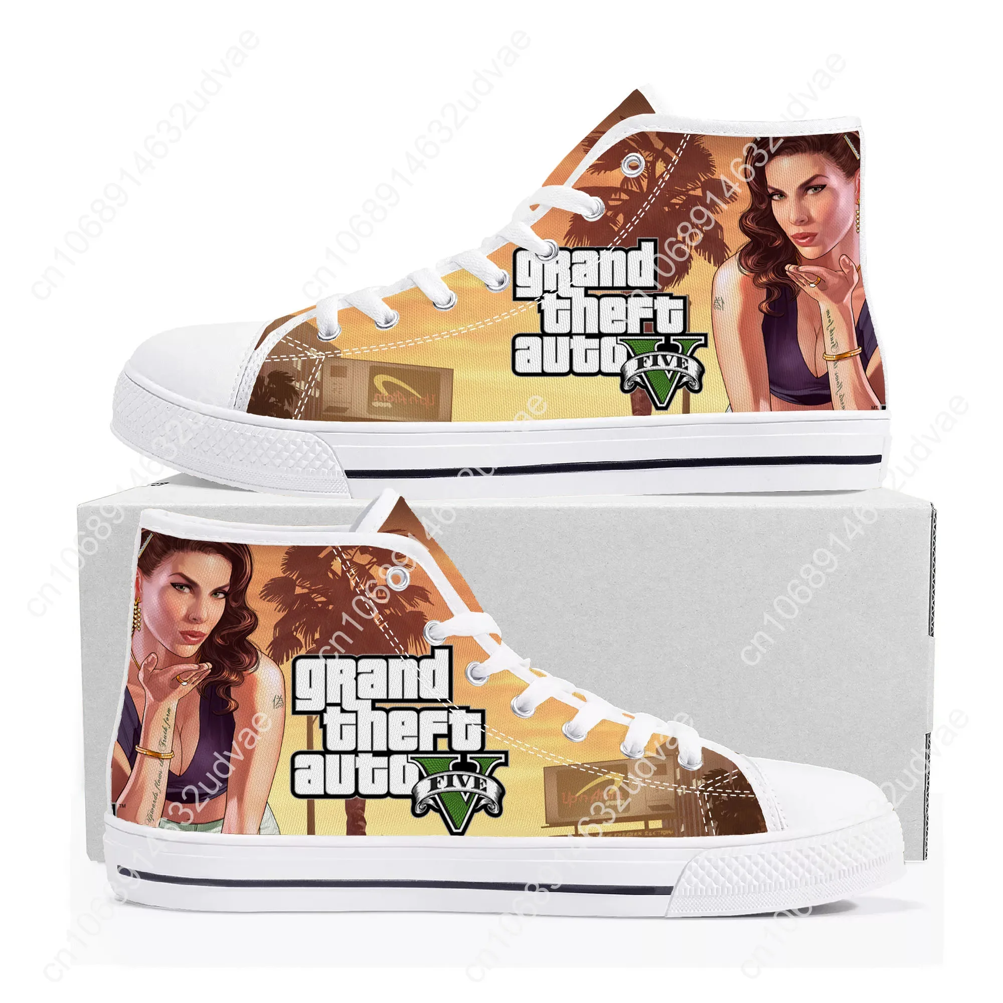 Grand Theft Auto GTA V 5 Zapatillas altas de lona para hombres y mujeres, zapatos casuales para parejas, zapatillas de deporte de dibujos animados de Anime, zapatos personalizados para adolescentes