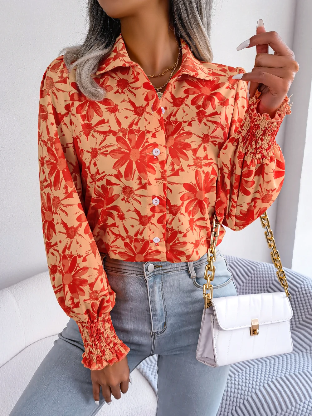 Women Casual Floral Print Collar  Lantern Long Sleeve Shirt