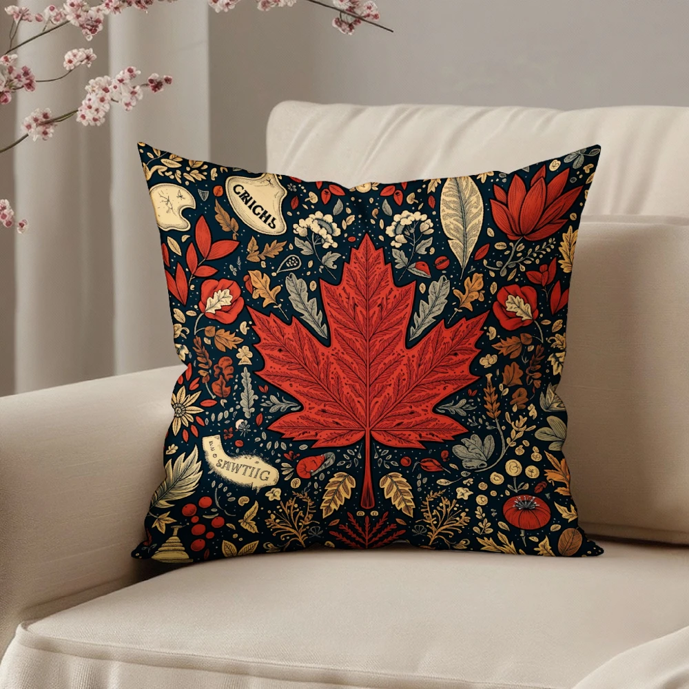 Square Throw Pillow Cover Dark Blue Red Maple Leaf Autumn Floral Pattern With Vintage Labels For Living Room Sofa Bedroom Home