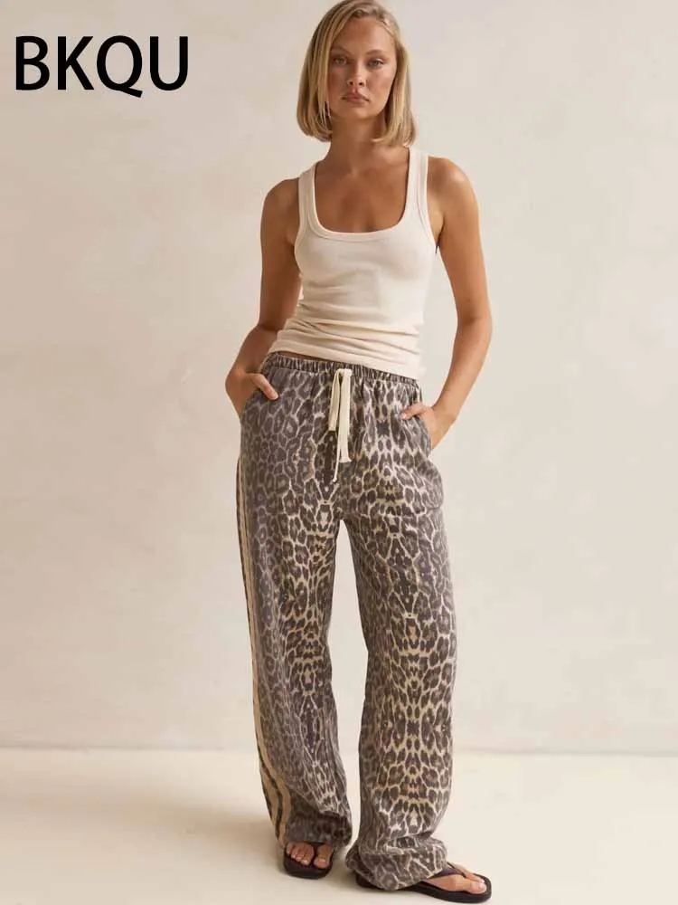 กางเกงยีนส์ลำลองลายเสือดาว BKQU สำหรับผู้หญิง เอวสูง Y2k ลายทางย้อนยุค แฟชั่นสตรีทแวร์ ทรงหลวม ขากว้าง ผ้าเดนิม ฤดูใบไม้ร่วง 2025
