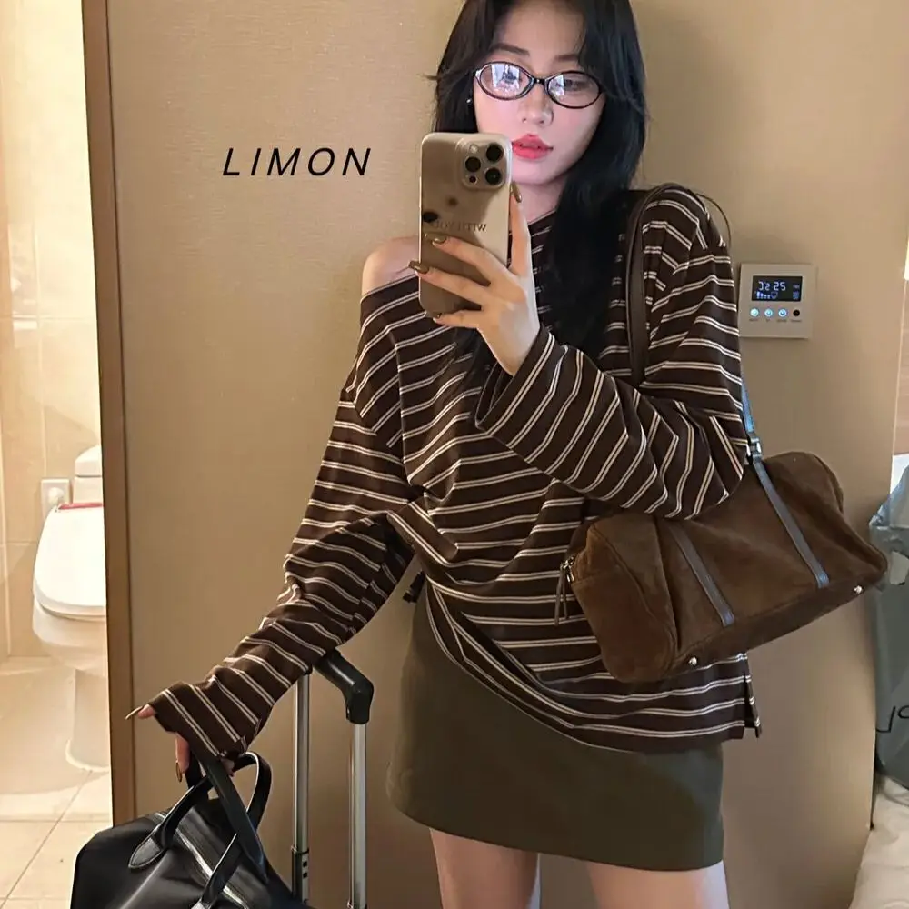 Korean lazy style striped loose long-sleeved T-shirt for women autumn versatile slim tops