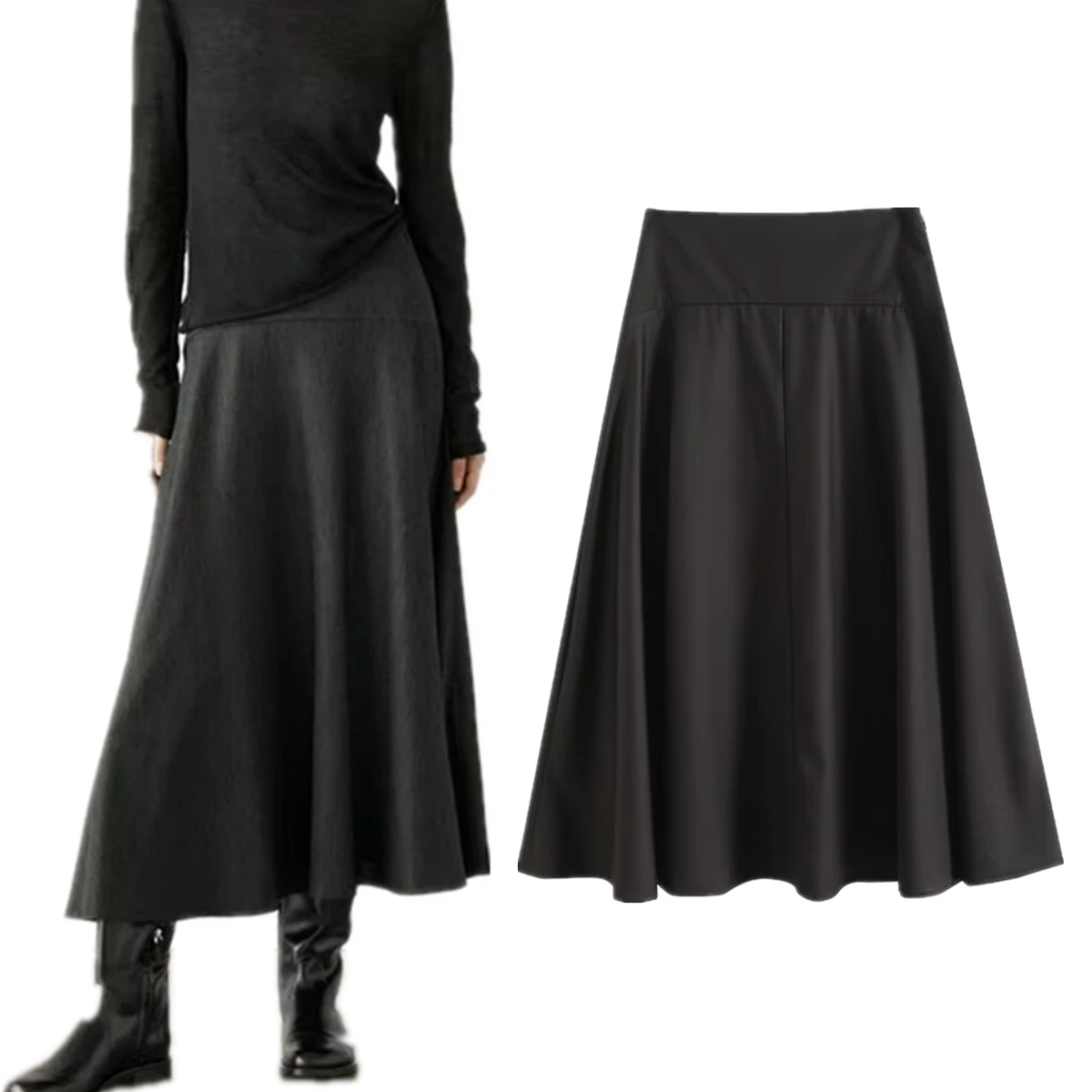 

Jenny&Dave Minimalist Women's Clothing French Elegant Black Midi Skirts Womens High Waisted Skirt Women 20%Cotton 80% Polyester