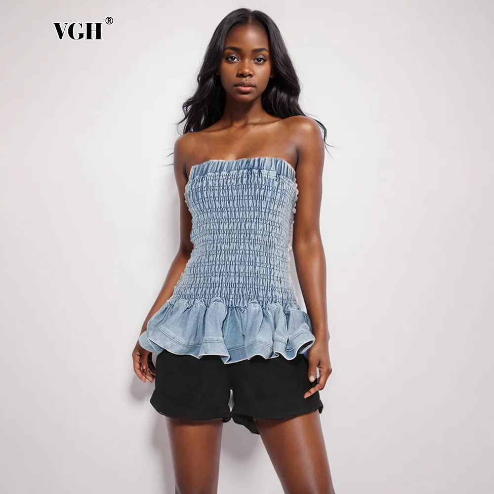 

VGH Solid Sexy Slimming Denim Short Dress For Women Strapless Sleeveless Backless High Waist Patchwork Folds Dresses Female New