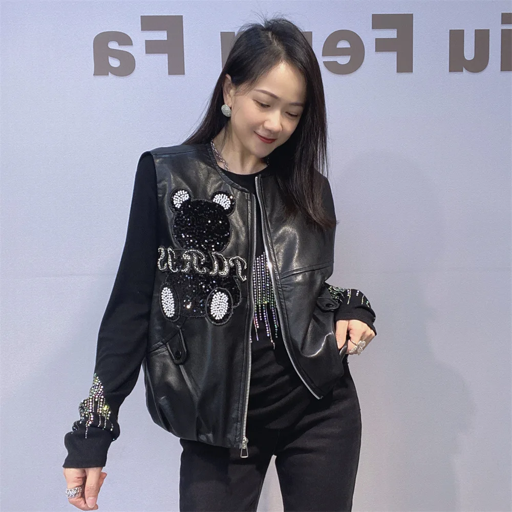 American Street Vintage Gilet in pelle PU Cappotto All-match Autunno Giacca senza maniche Perline Orso Diamanti O-Collo Cappotto in ecopelle