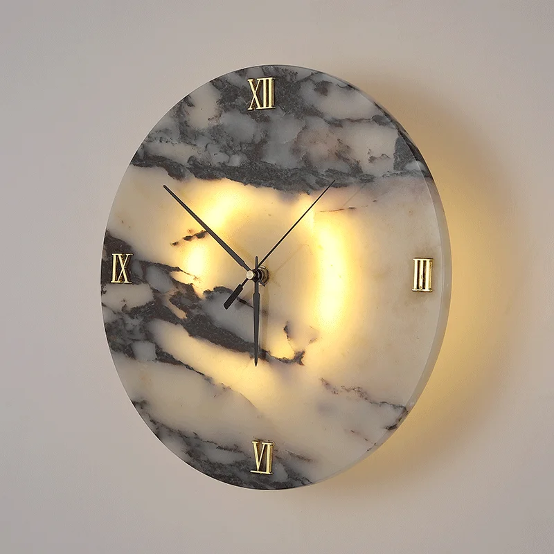 2026 Round Luxury Clock Function Natural Stone Alabaster Wall Lamp Living Room Marble Sconce Decor Atmosphere LED High-end LED L
