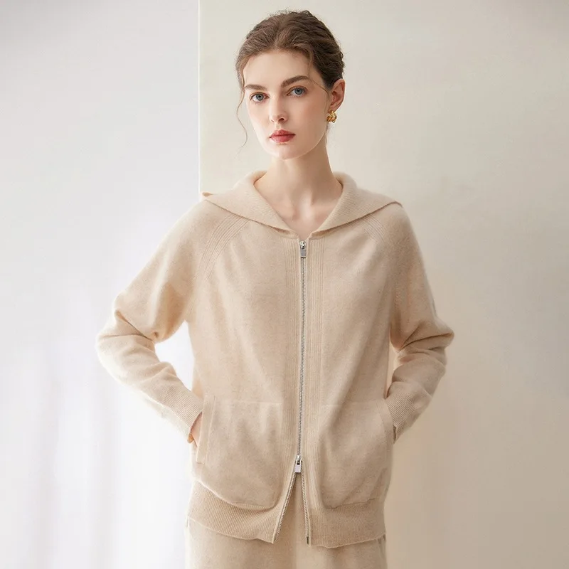 100 Cashmere Woman Cardigan Flat Knit Hoodie Jacket Long Sleeve Fashion Minimalist Fall Winter Outwear