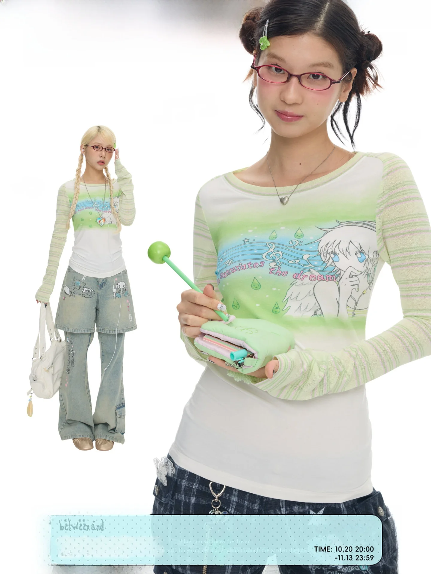 BENANDx Oli Frog Green Note Stripe Color Block Long Sleeve Gradient Dyed Slim Fit Women's Top Commute Style round Neck T-shirt