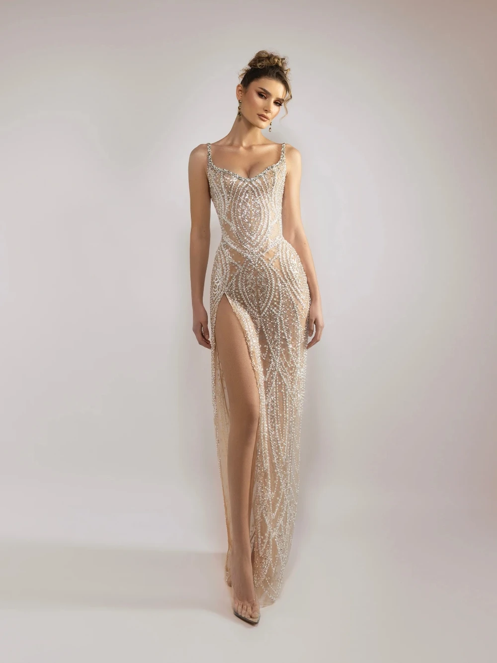 2026 See Through Straight Evening Dress Sexy High Slit Thin Straps Customized Prom Gown Sparkling Charming Formal Events Wear