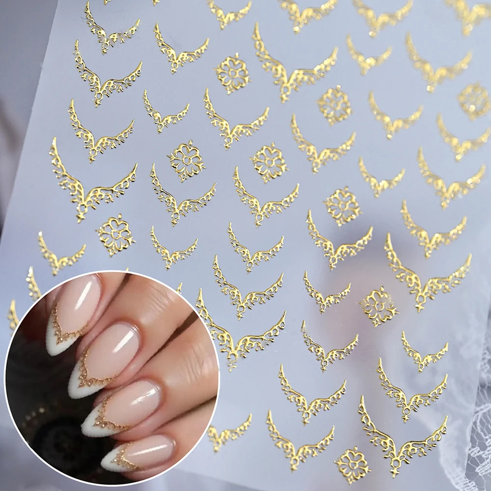 1 Stücke Gold Retro Spitze Flügel FrenchNail art Aufkleber Bronzing V-förmigen Französisch Nägel Abziehbilder DIY Elegante Maniküre Sliders Dekorationen