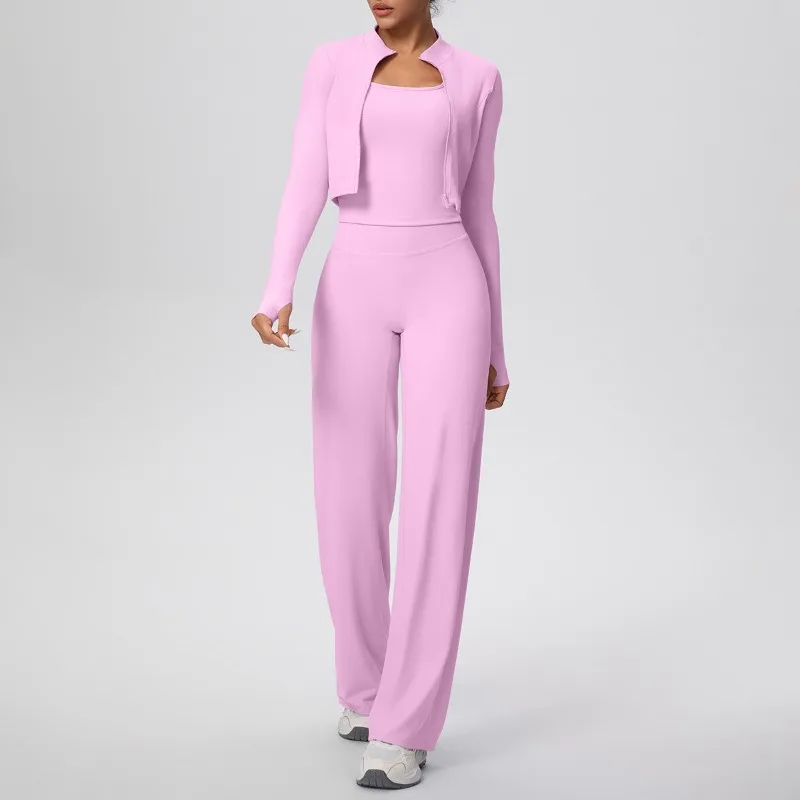 طقم يوجا للسفع الرملي بلون سادة للنساء، سترة ضيقة على شكل حرف I، ساق واسعة، طقم مكون من ثلاث قطع، طقم رياضي للجري واللياقة البدنية #6