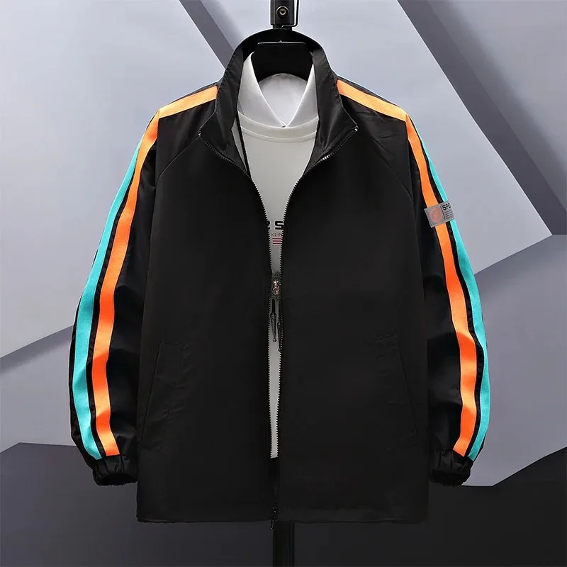 Spring Autumn Men's Turtleneck Solid Stripe Pockets Zipper Letter Epaulet Long Sleeve Loose Jackets Coats Fashion Casual Tops