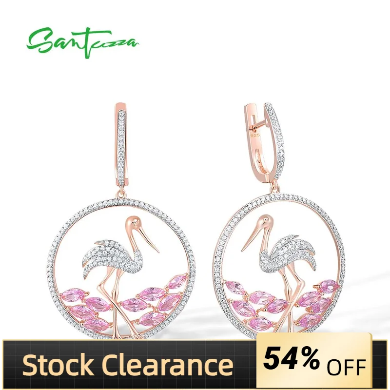 

SANTUZZA серьги из чистого серебра 925 пробы для женщин, сверкающие розовые камни, белые серьги с фианитом и фламинго, шикарные изящные ювелирные изделия с животными