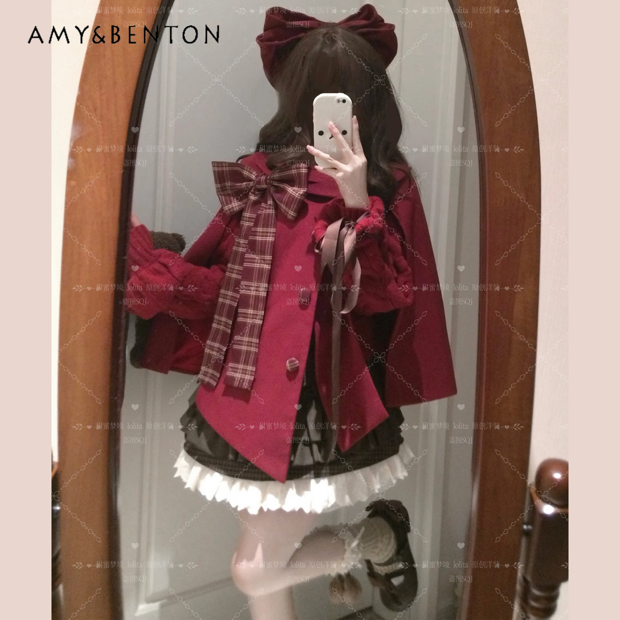 عيد الميلاد الأحمر كيب الخريف الشتاء جو الصوف لوليتا القوس الكبير الحلو فتاة دمية طوق واحدة الصدر كيب الصوف معطف المرأة #2