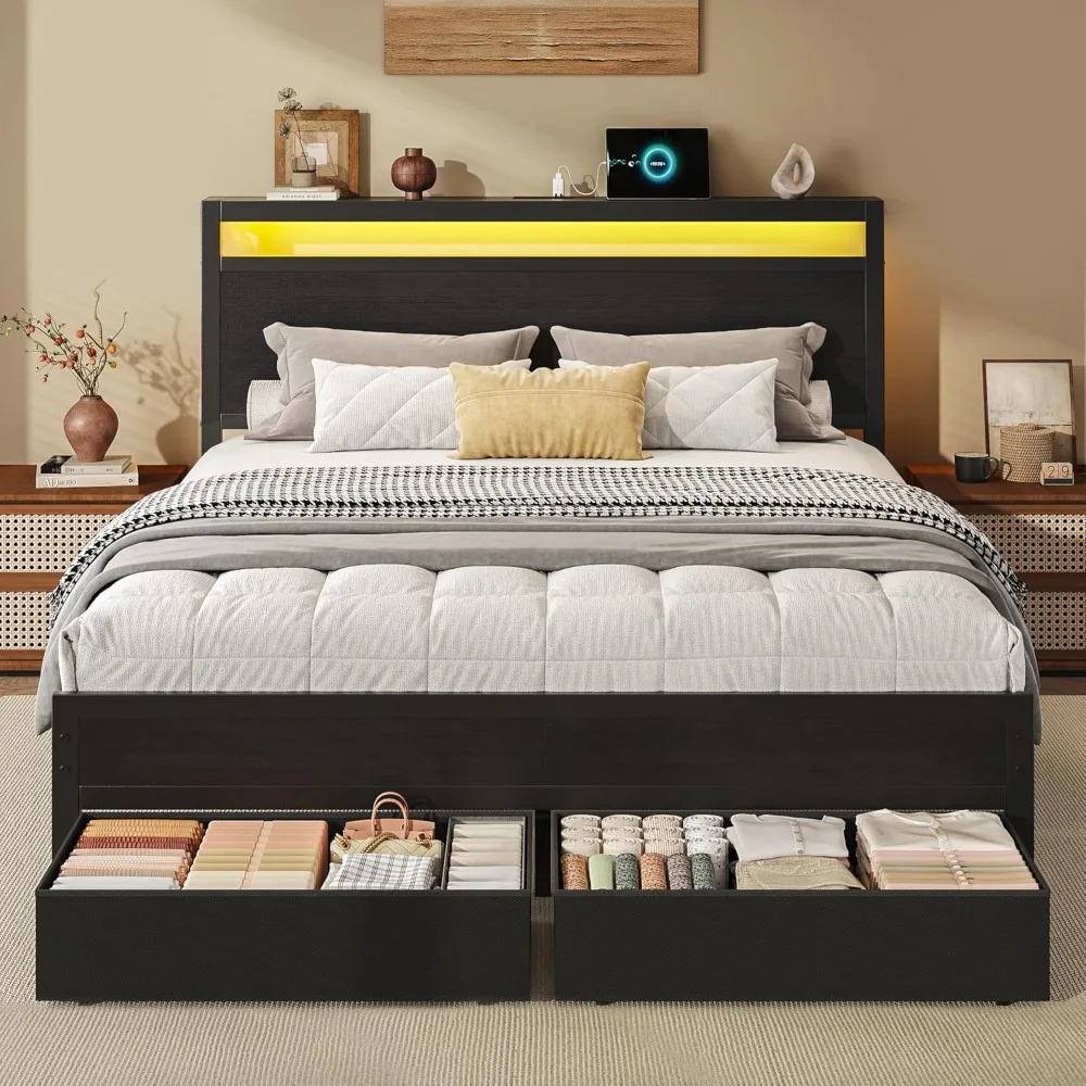 

Queen-size Storage Bed Frame, Wooden Headboard with Fast Charging Station and LED Light, Fabric Drawers with Wheels