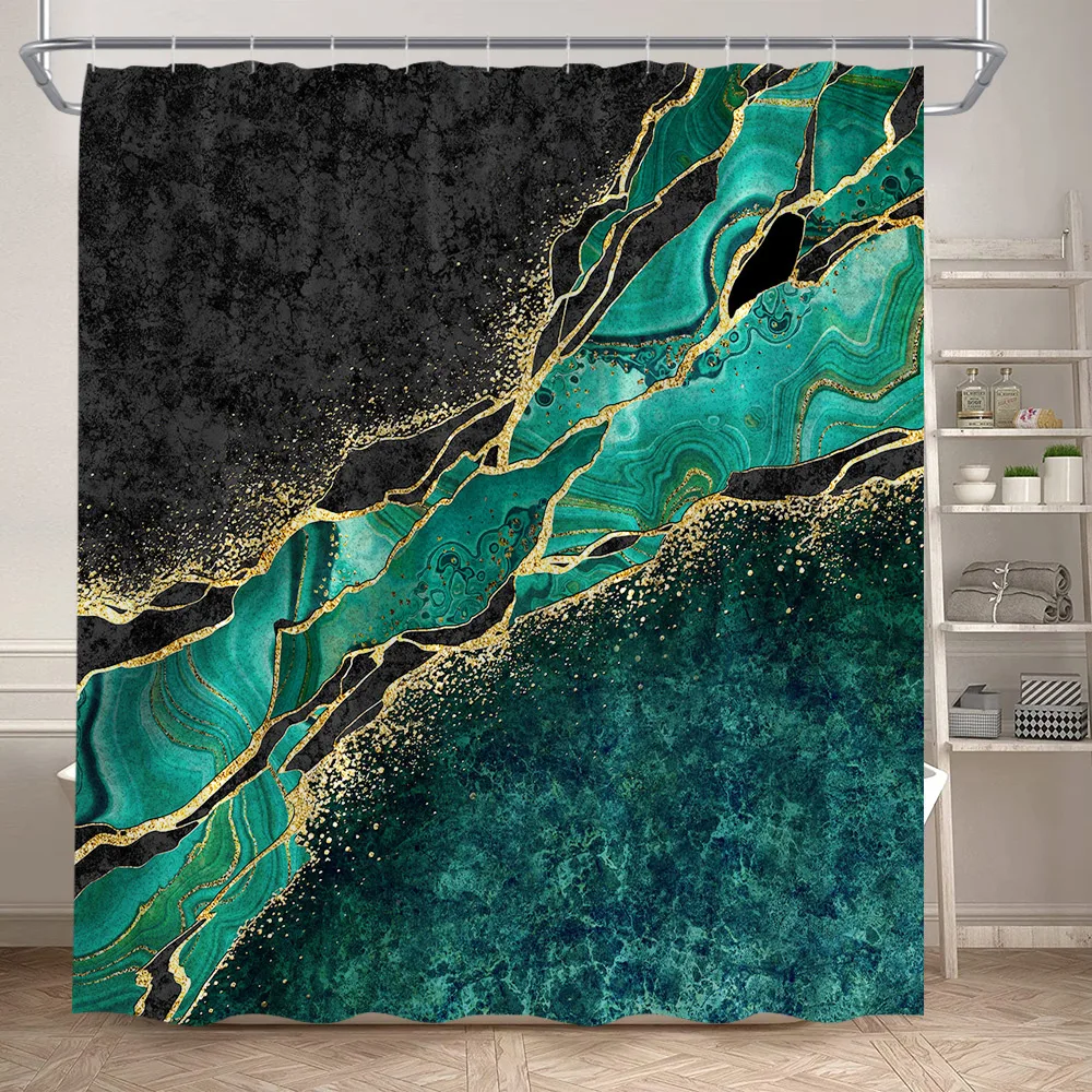 Abstract Marble Shower Curtains Black Green Textured Gold Crackle Modern Geometric Pattern Bathroom Curtain Decor Set with Hooks