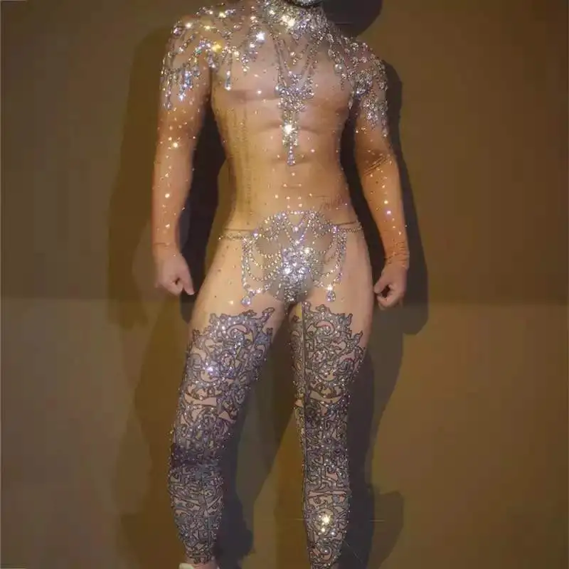 Sexy Rhinestones Rompers Muscle Man Nude Print Jumpsuit Stones Headwear Male Gogo Dancer Costume Festival Outfit Clubwear