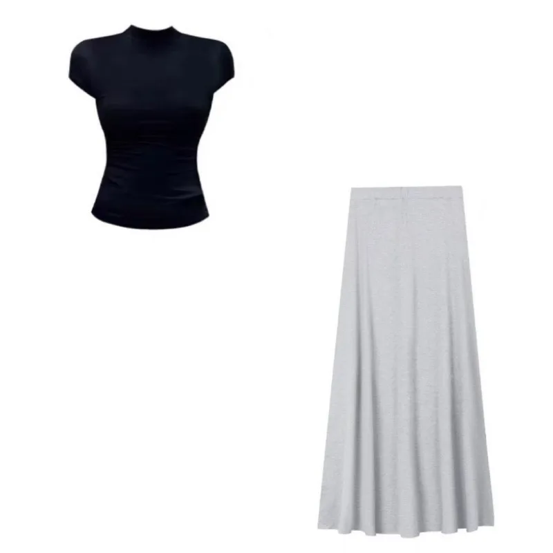 

Lazy Versatile Short-sleeved T-shirt Gray Skirt Suit Women's Summer Small Man High Waist Thin Umbrella Skirt A-word Long Skirt