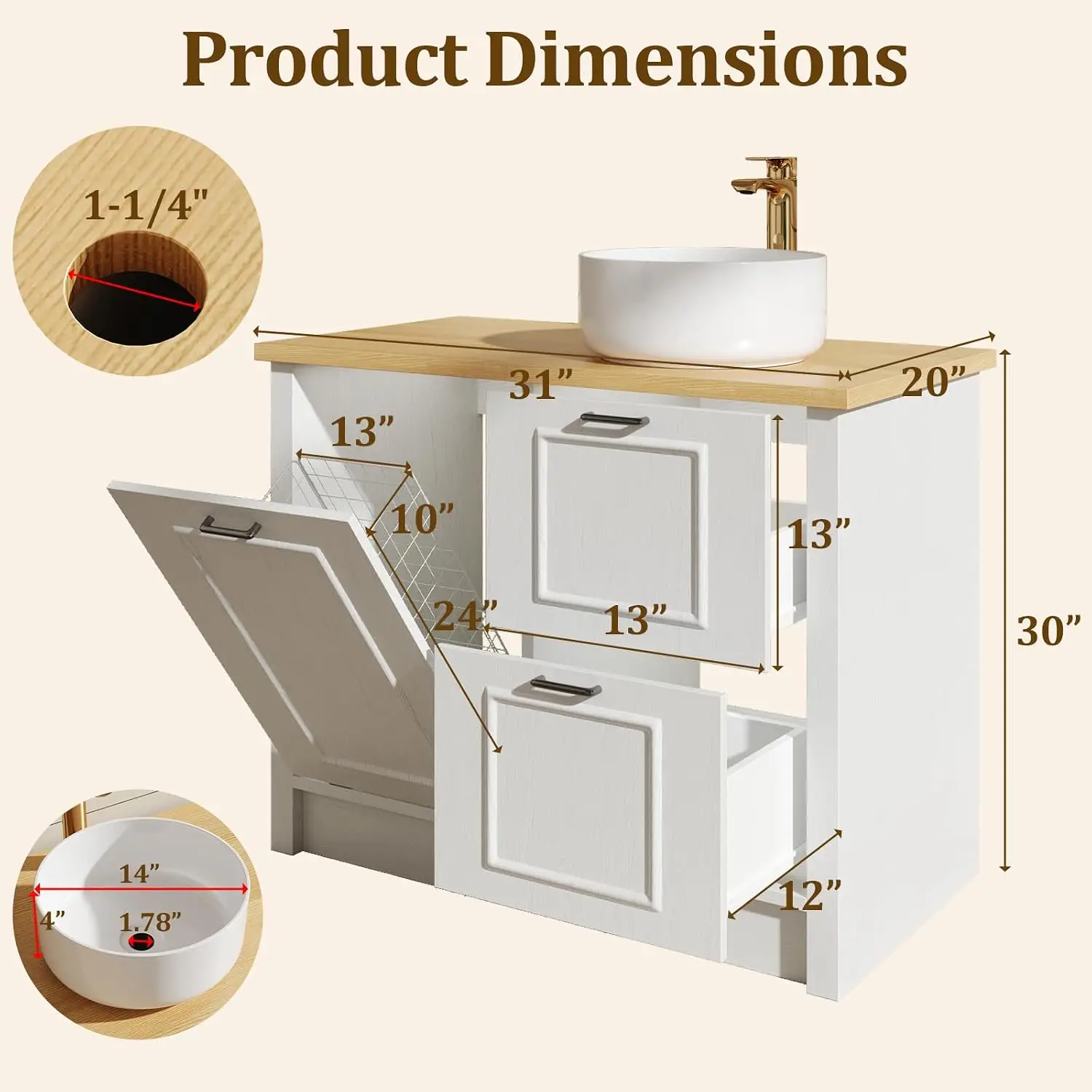 31 Inch Bathroom Vanity with Sink, 2 Drawers and 1 Laundry Hamper, White, Customized