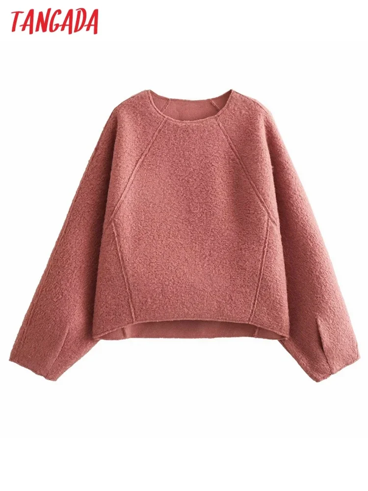 Tangada 2023 Women Pink Patchwork Loose Crop Sweatshirts Long Sleeve Female Oversized Pullovers PS10