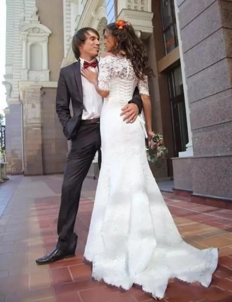 Vestidos De novia De encaje Vintage personalizados, vestidos De novia De sirena, media manga, cuello barco, bata con cordones De Marriee