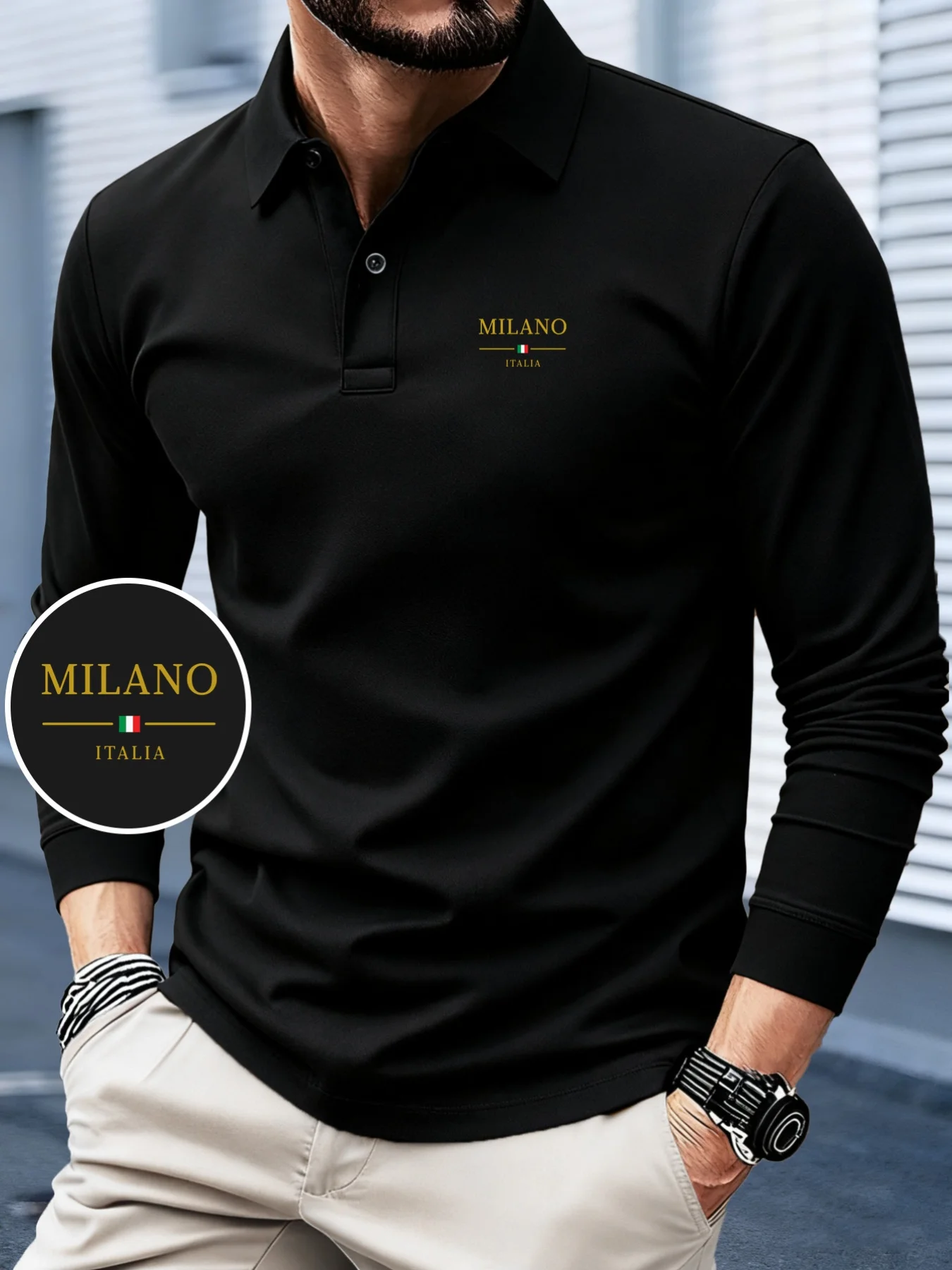 New Men's Long-Sleeve Polo Shirt for Autumn Minimalist Letter-Print Button-Up Polo Classic Basic Style Street-Style Casual Top