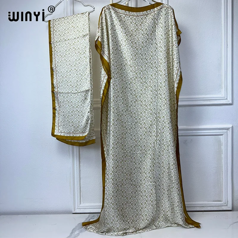 

WINYI african dress with belt woman elegant abaya dubai luxury muslim dress Crew Neck print Kaftan Maxi Length boho dress