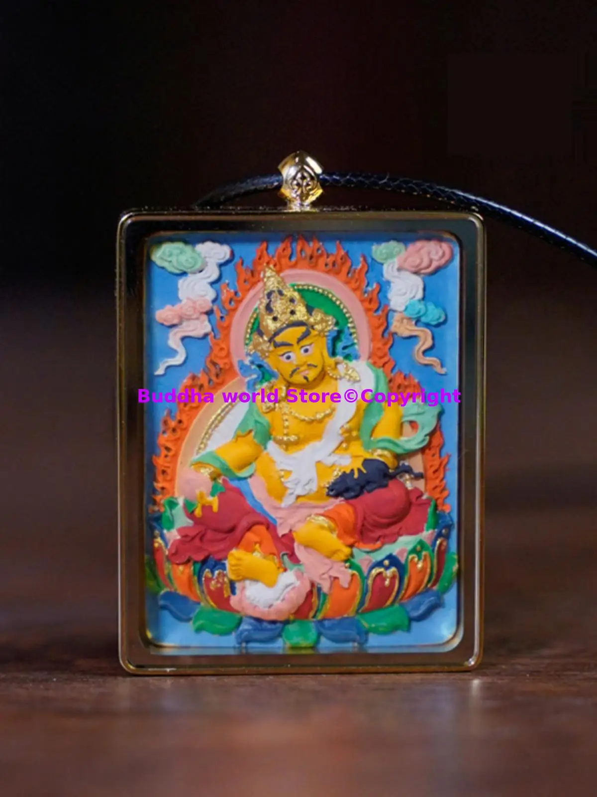 high grade Thangka talisman Tangka amulet God of Wealth Jambhala Handmade wood carved color painted the Buddha figure