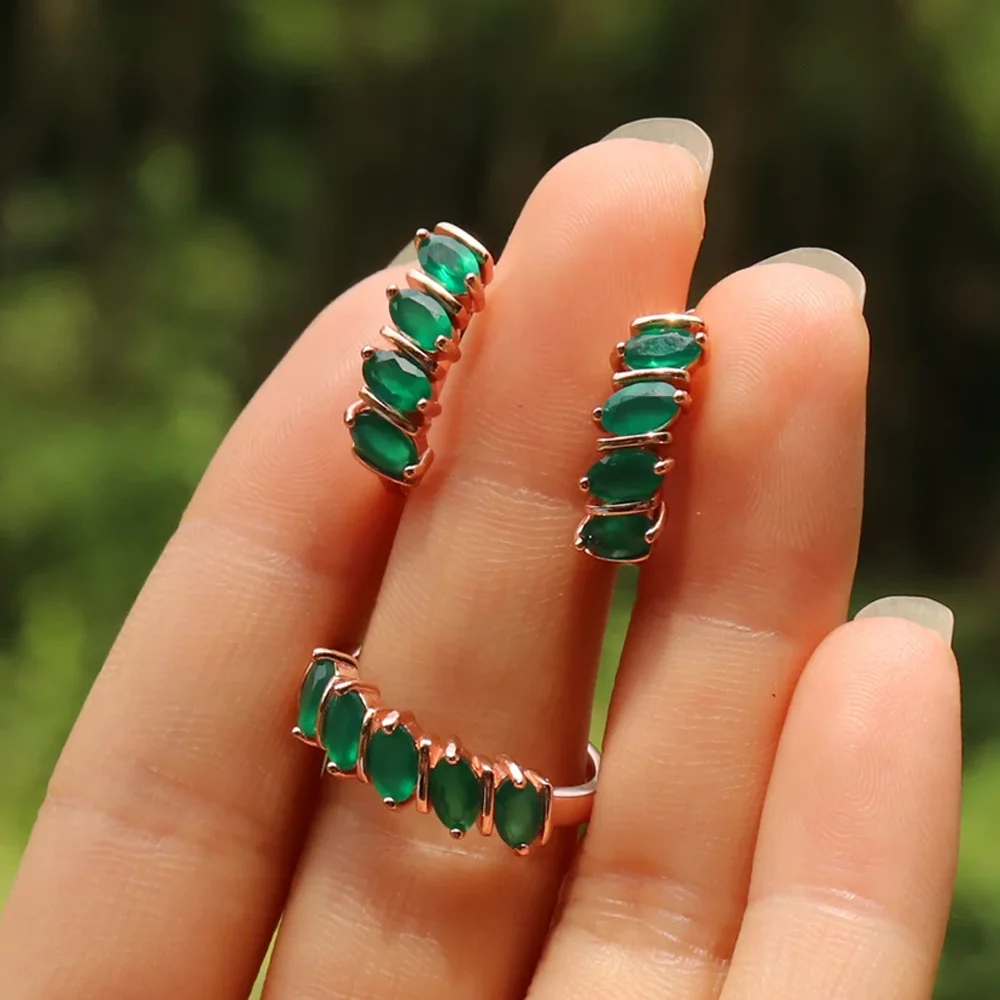 

Женский комплект украшений из натурального зеленого агата: кольцо и серьги из стерлингового серебра 925 пробы с драгоценными камнями, для повседневной носки, отличный подарок