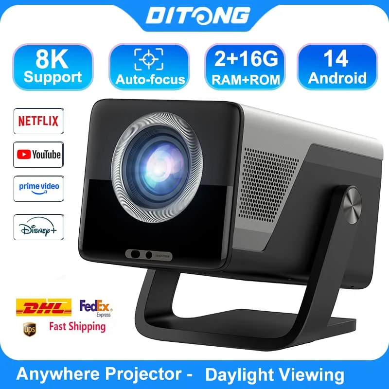 

Проектор DITONG Full HD 1080P 4K 1200 ANSI с Android, WiFi 6, автофокусом для домашнего кинотеатра, фильмов, презентаций и видео