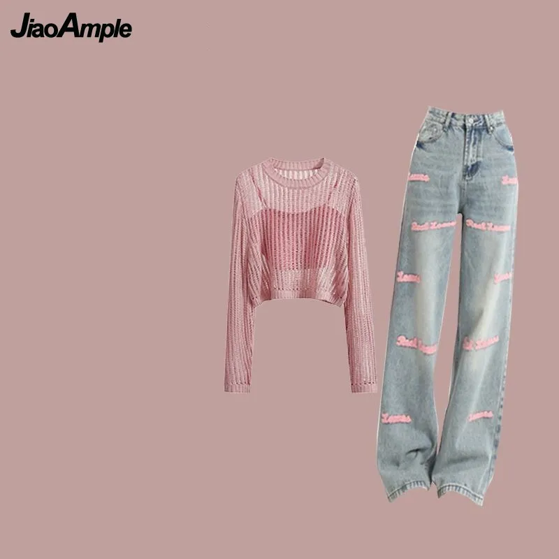 Women\'s 2023 Summer New Jeans Matching Set Korean Elegant Strap Blouse Letter Denim Pants Three Piece Female Chic Trousers Suit